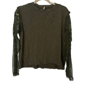 Free People Green Lace Henley Long Sleeve